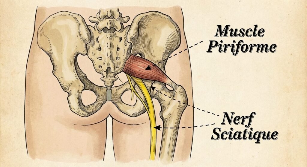 Schéma anatomique du muscle piriforme et son rapport avec le nerf sciatique