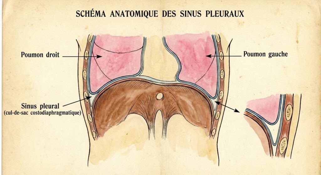 Schéma anatomique expliquant la position des sinus pleuraux à la base des poumons