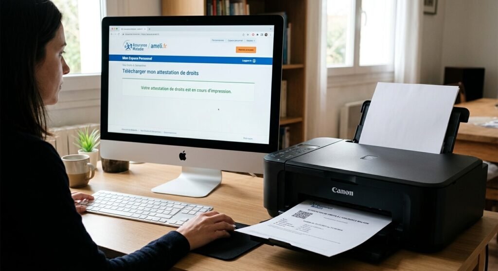 Impression d'une attestation de droits à l'Assurance Maladie depuis l'espace personnel Ameli