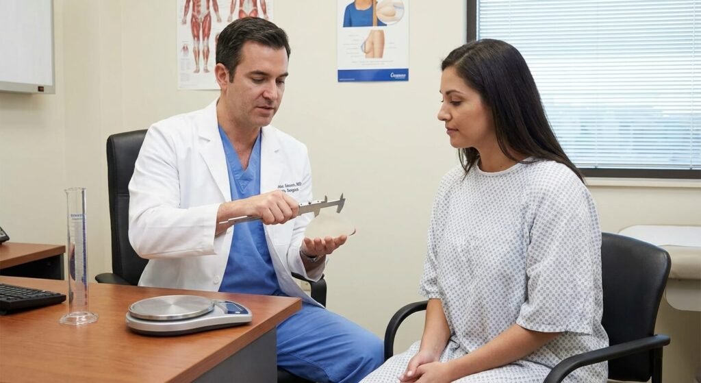 Chirurgien plasticien mesurant le volume d'un implant en silicone lors d'une consultation post-opératoire