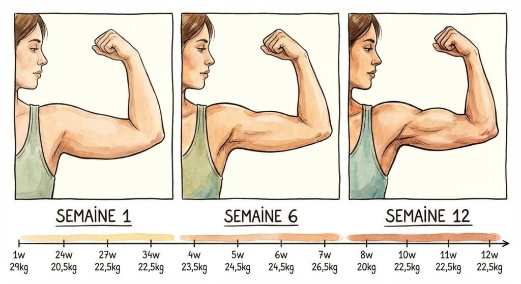 Illustration de la progression de la tonification des bras féminins sur 12 semaines