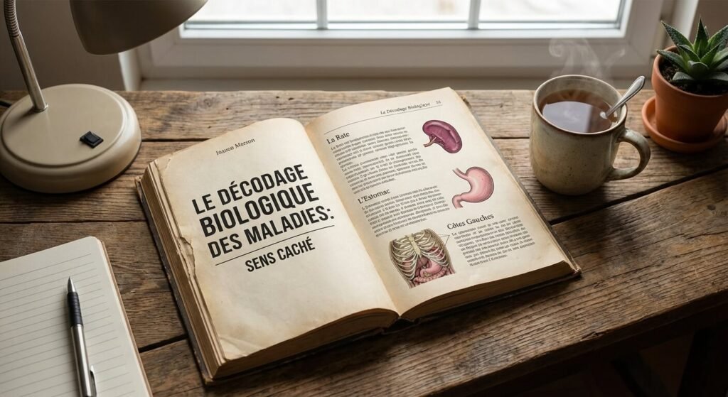 Livre ouvert sur le décodage biologique des maladies posé sur un bureau à côté d'une tasse de thé