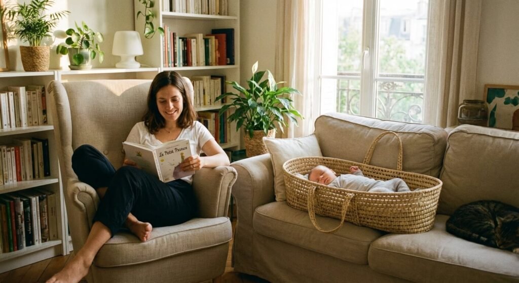 Maman lisant un livre dans le canapé pendant que son bébé fait la sieste dans le salon