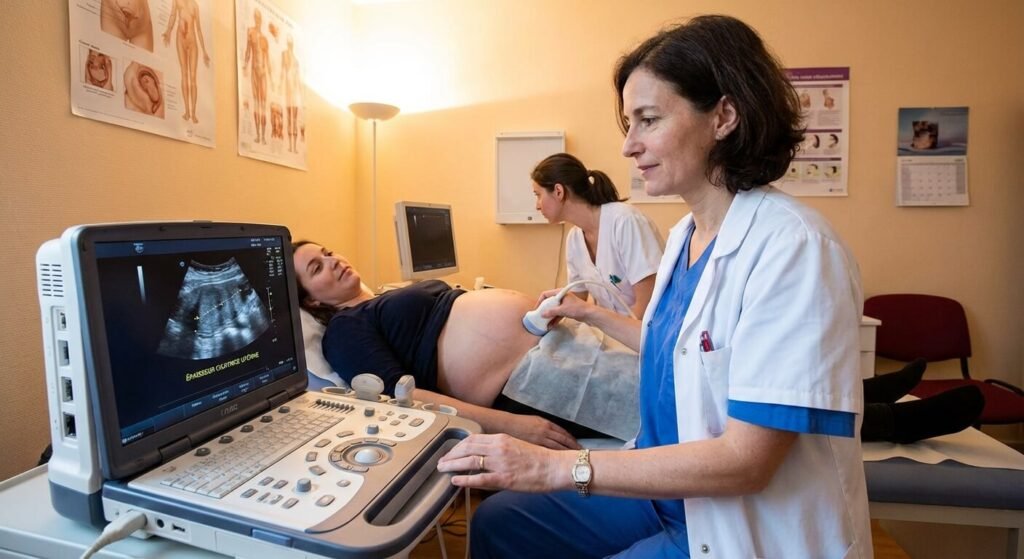 Gynécologue effectuant une échographie pour contrôler l'épaisseur de la cicatrice utérine