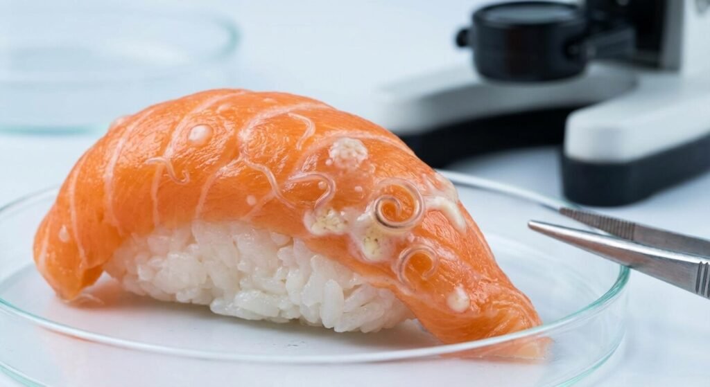 Gros plan sur des sushis au saumon illustrant les risques de parasites et bactéries
