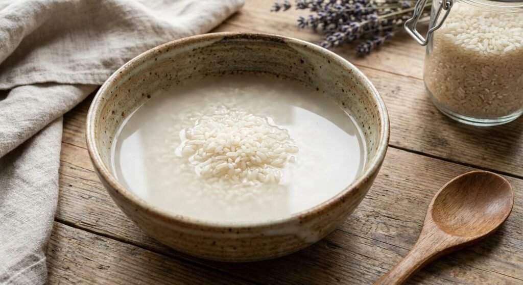 Bol en céramique rempli de riz blanc trempant dans l'eau pour la préparation d'un soin cosmétique naturel