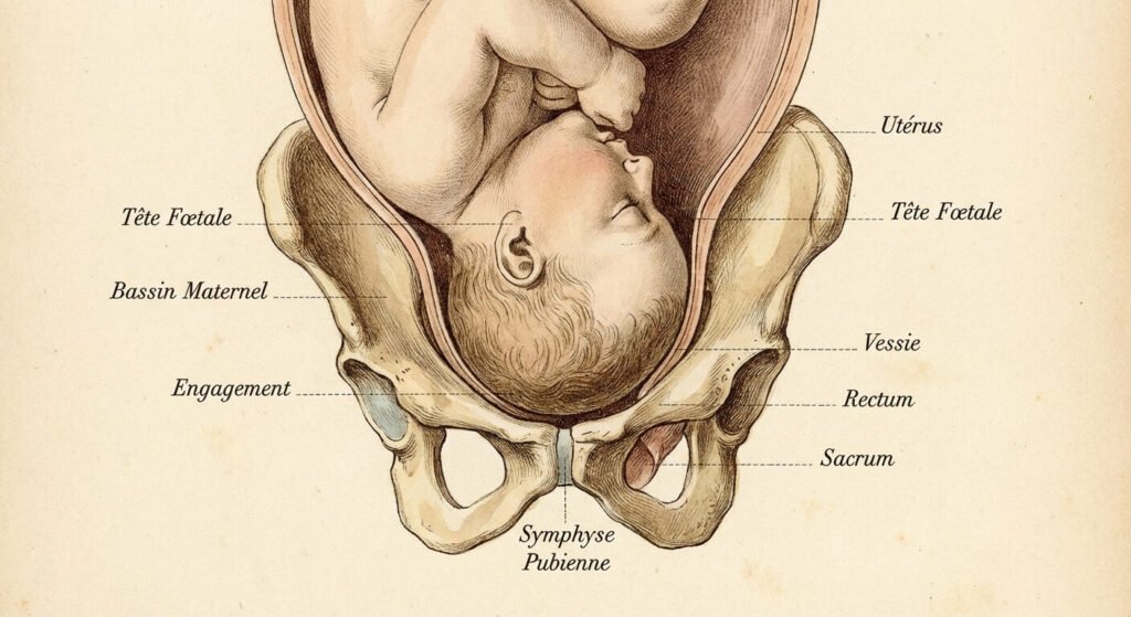 Schéma anatomique illustrant l'engagement de la tête du bébé dans le bassin maternel avant la naissance
