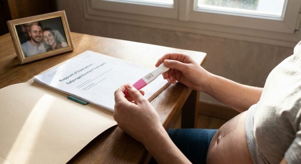 Test de grossesse positif symbolisant la réussite après une opération des trompes