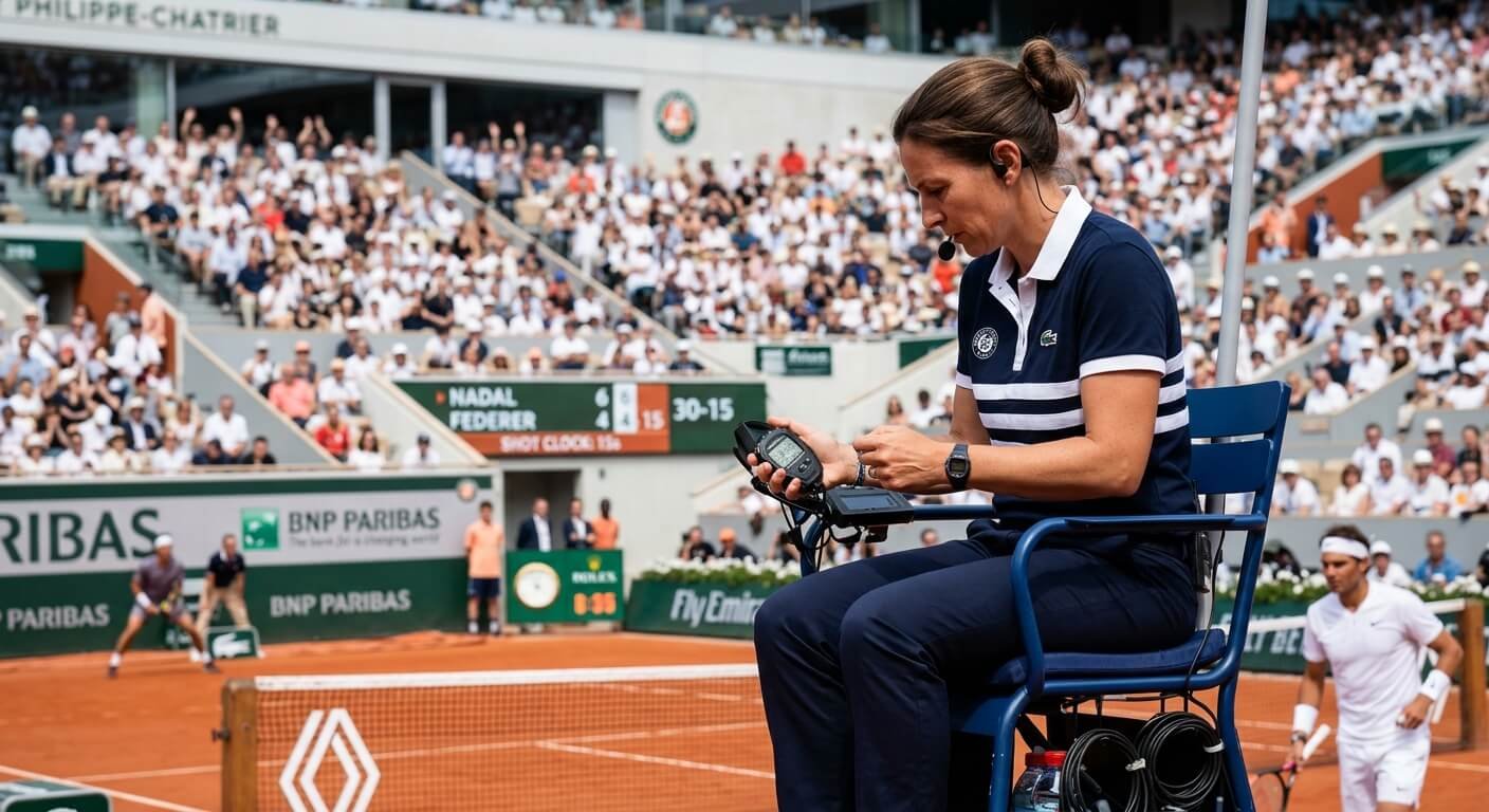 Arbitre de chaise vérifiant le chronomètre lors d'un match de tennis professionnel