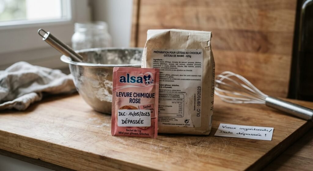 Peut-on utiliser une préparation Alsa périmé ? 2 Sachet de levure chimique rose et préparation pour gâteau avec une date limite de consommation dépassée
