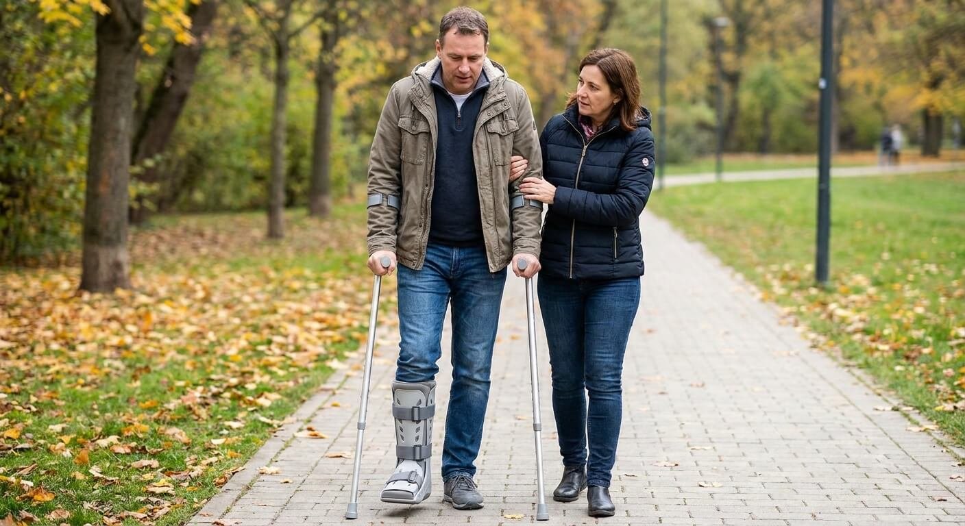 Patient marchant avec des béquilles et portant une botte orthopédique de marche après une fracture de la cheville
