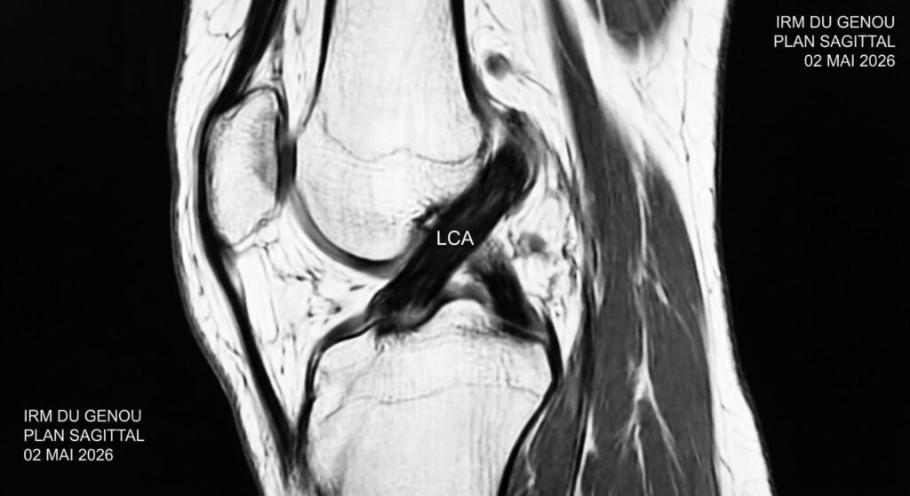 Coupe sagittale d'une IRM du genou montrant un ligament croisé antérieur noir et continu, signe de son intégrité