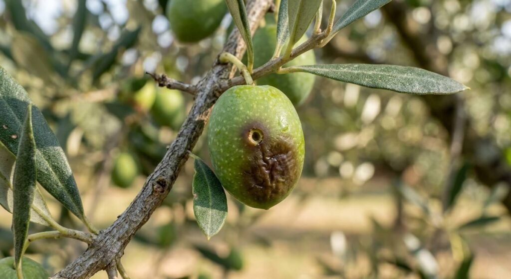 Gros plan sur une olive présentant un impact de ponte et un ramollissement localisé de la pulpe.