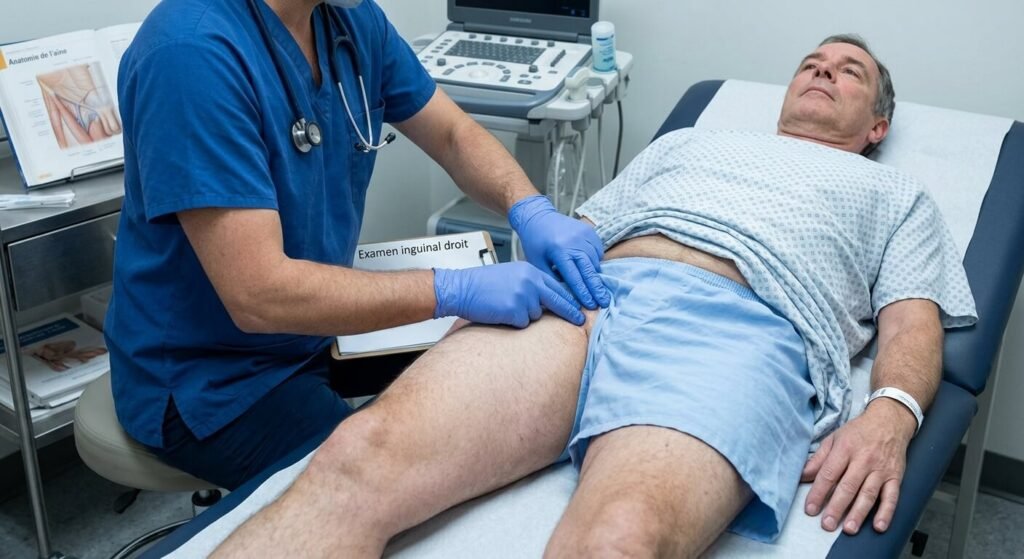 Vibration dans l'aine droite : quelles sont les causes possibles et quand faut-il consulter ? 2 Examen clinique de la région inguinale droite pour détecter une hernie ou une anomalie vasculaire.