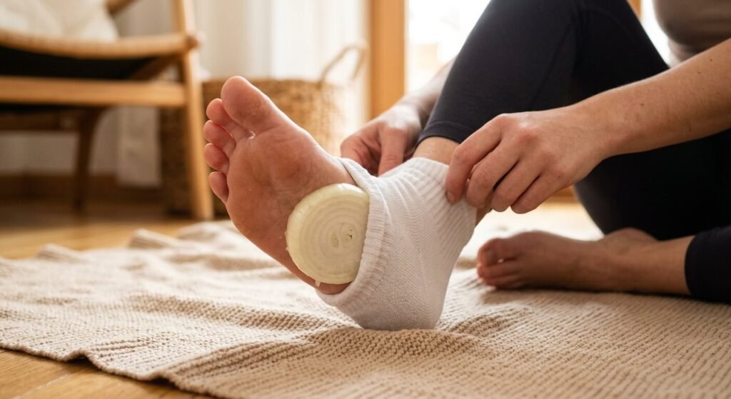 Application d'une rondelle d'oignon blanc frais sous la voûte plantaire maintenue par une chaussette en coton.