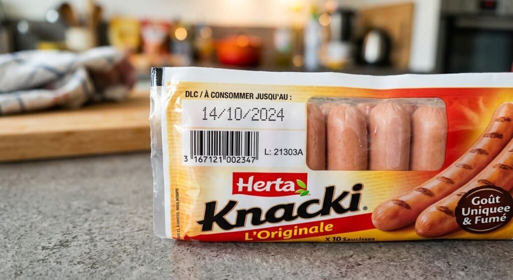 Gros plan sur la date limite de consommation d'un paquet de saucisses Knacki