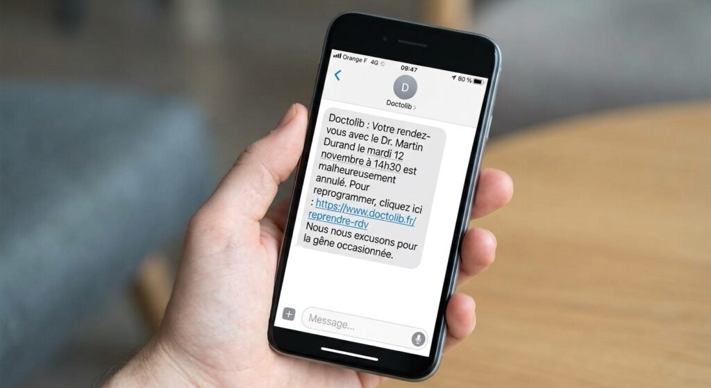 Votre praticien a dû annuler le rendez vous, que faire ? 2 Écran de smartphone affichant un SMS ou un e-mail d'annulation de rendez-vous médical sur Doctolib.