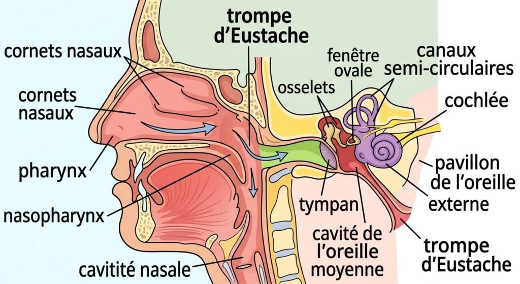 Pourquoi le fait de se moucher trop fort donne mal à l'oreille ? 3 Schéma anatomique montrant la liaison entre le nez et l'oreille moyenne via la trompe d'Eustache.