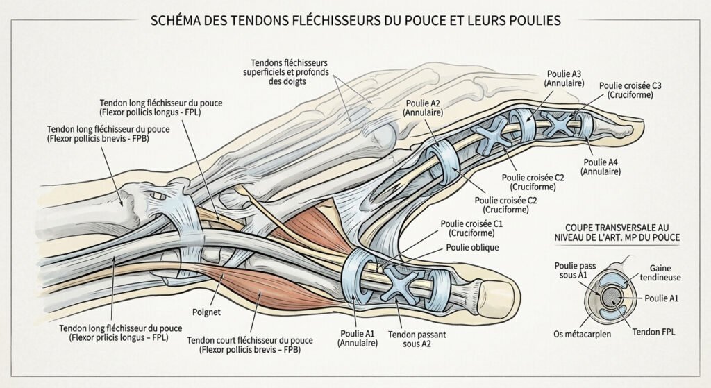 Pourquoi j'ai le pouce qui se bloque et qui craque ? 3 Schéma des tendons fléchisseurs du pouce passant sous les poulies de la main.