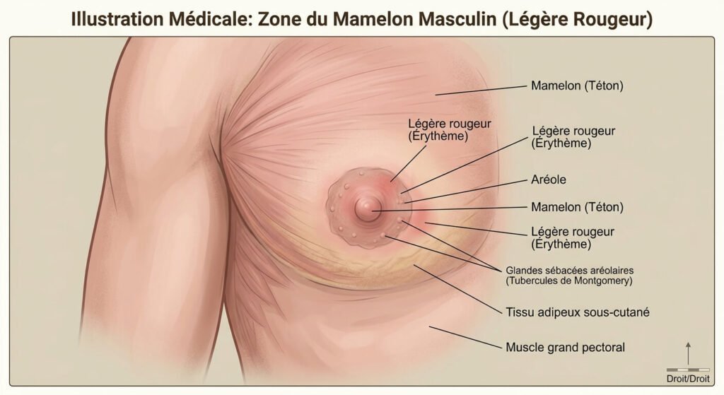 Bouton blanc sur le téton chez l'homme : quelles sont les causes et que faire ? 3 Illustration médicale de la zone du téton chez l'homme avec une légère rougeur