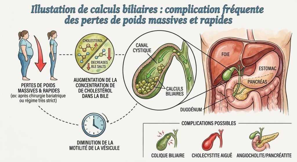 Illustration de calculs biliaires, complication fréquente des pertes de poids massives et rapides.
