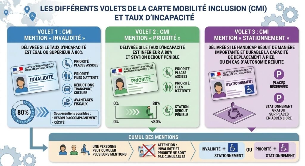  Les différents volets de la Carte Mobilité Inclusion attribuée selon le taux d'incapacité.