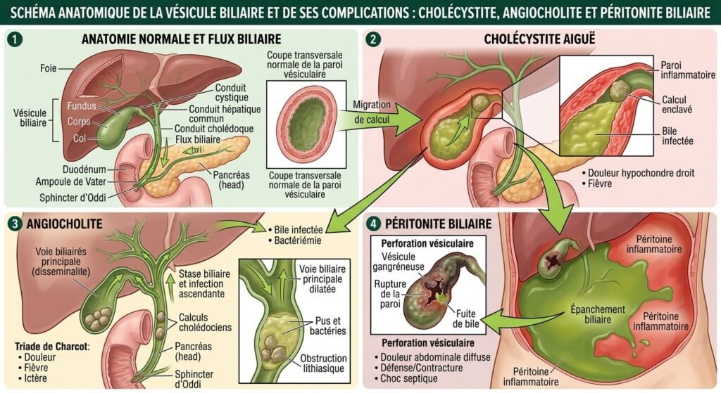 Peut-on mourir de la vésicule biliaire ? 3 Schéma anatomique de la vésicule biliaire et de ses complications : cholécystite, angiocholite et péritonite biliaire