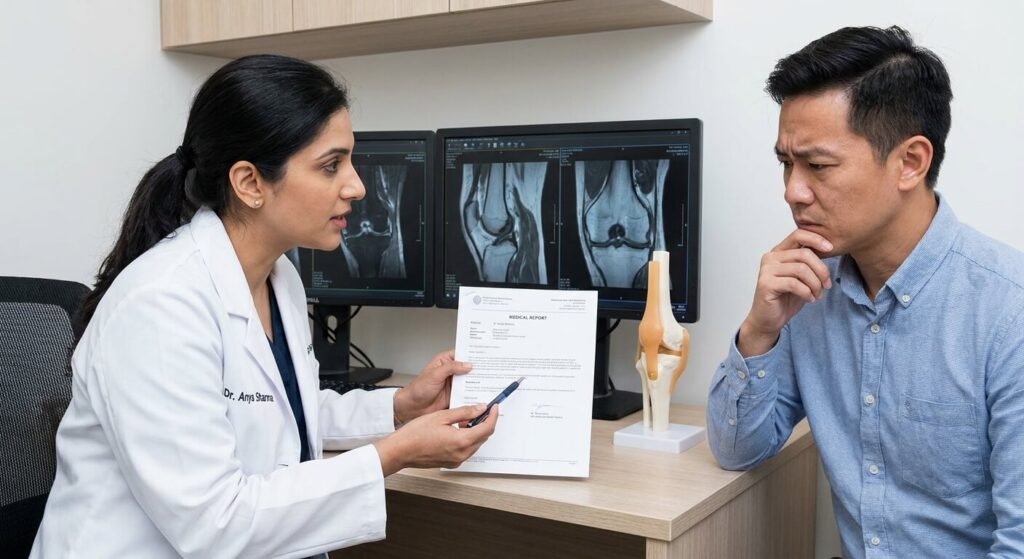 Radiologue expliquant les termes d'un compte-rendu d'examen articulaire à un patient inquiet