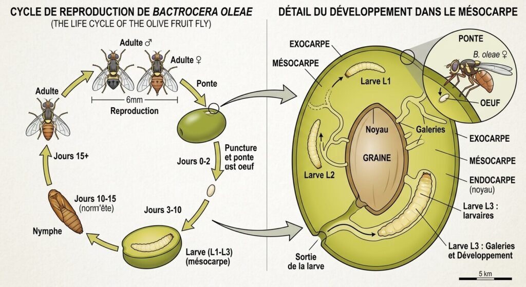 Schéma technique du cycle de reproduction de Bactrocera oleae au sein du mésocarpe de l'olive.
