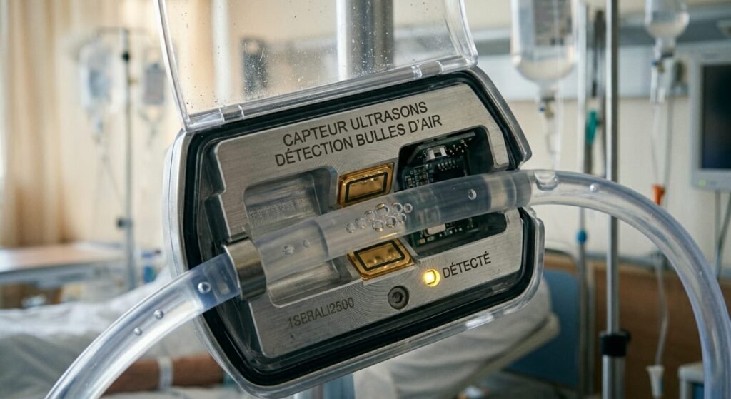 Bulles d'air dans une perfusion : est-ce vraiment dangereux et que doit faire l'infirmière ? 3 Zoom sur le capteur à ultrasons d'un dispositif de perfusion automatisé détectant les bulles d'air.