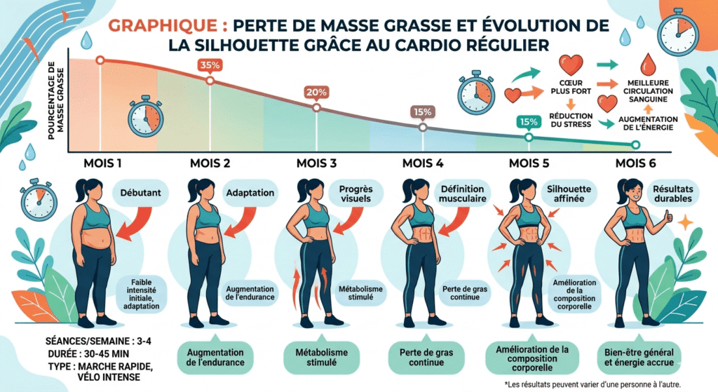 Graphique illustrant la perte de masse grasse et l'évolution de la silhouette grâce au cardio régulier