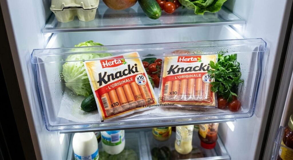 Saucisses de Strasbourg conservées dans le bac à fraîcheur d'un frigo