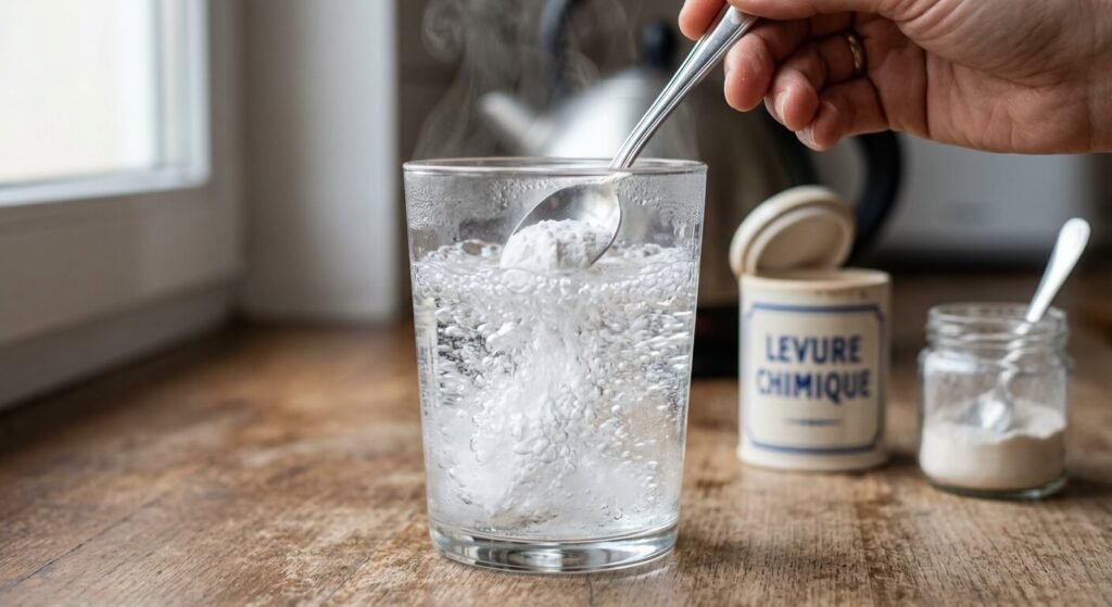 Peut-on utiliser une préparation Alsa périmé ? 3 Cuillère de levure chimique plongée dans l'eau chaude créant une effervescence pour tester son efficacité