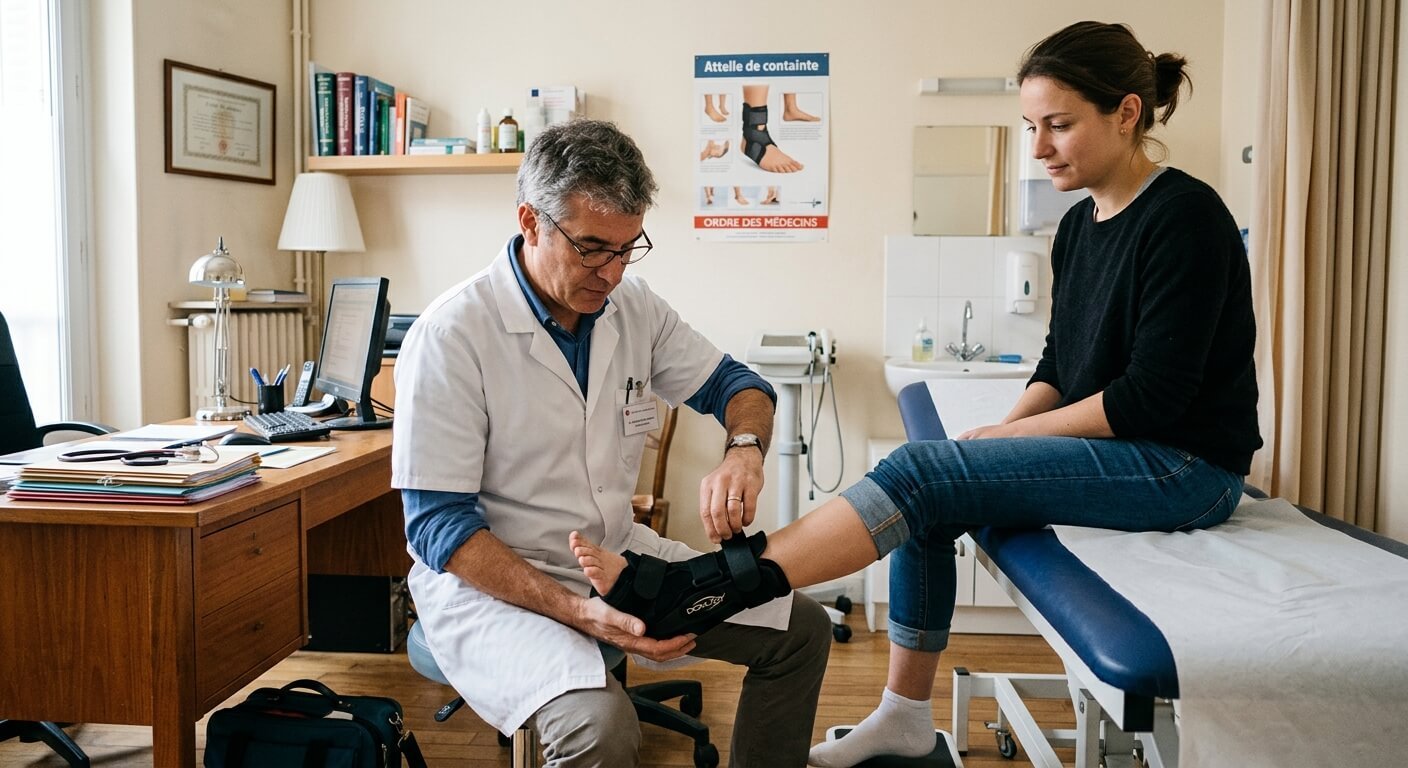Un médecin généraliste appliquant une attelle de contention à un patient en cabinet de ville.
