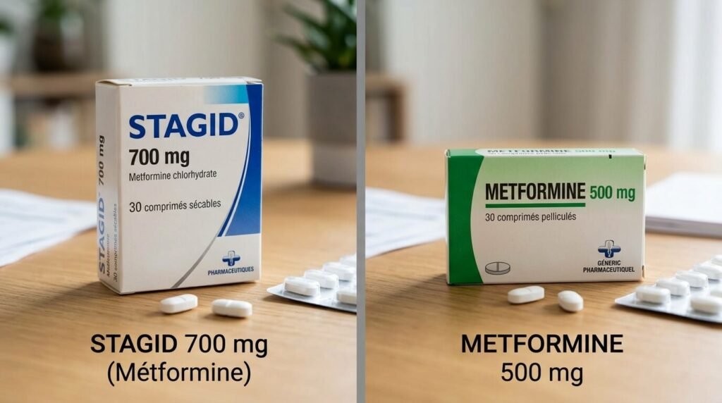 Stagid 700 et Metformine 500 : quelle différence exactement ? 2 comparatif boite de Stagid 700 et boite de Metformine 500