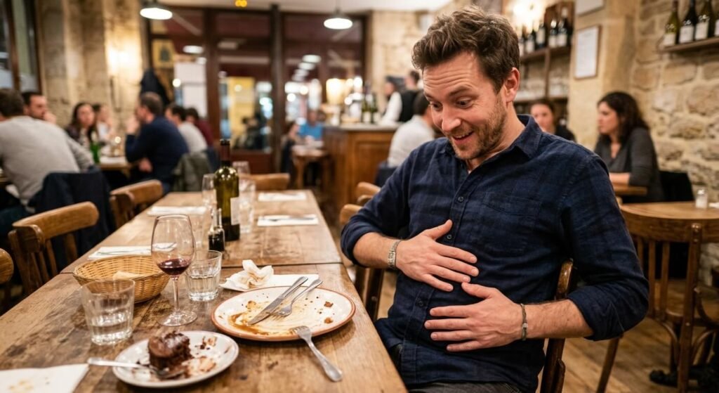 Pourquoi a-t-on une sensation de faim pendant la digestion ? 2 Un homme touchant son estomac avec étonnement juste après avoir fini de manger un repas.