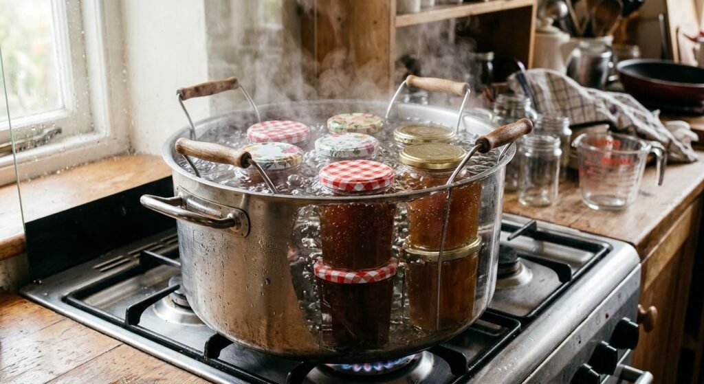Des bocaux de confiture en verre plongés dans une grande marmite d'eau bouillante pour désinfection.