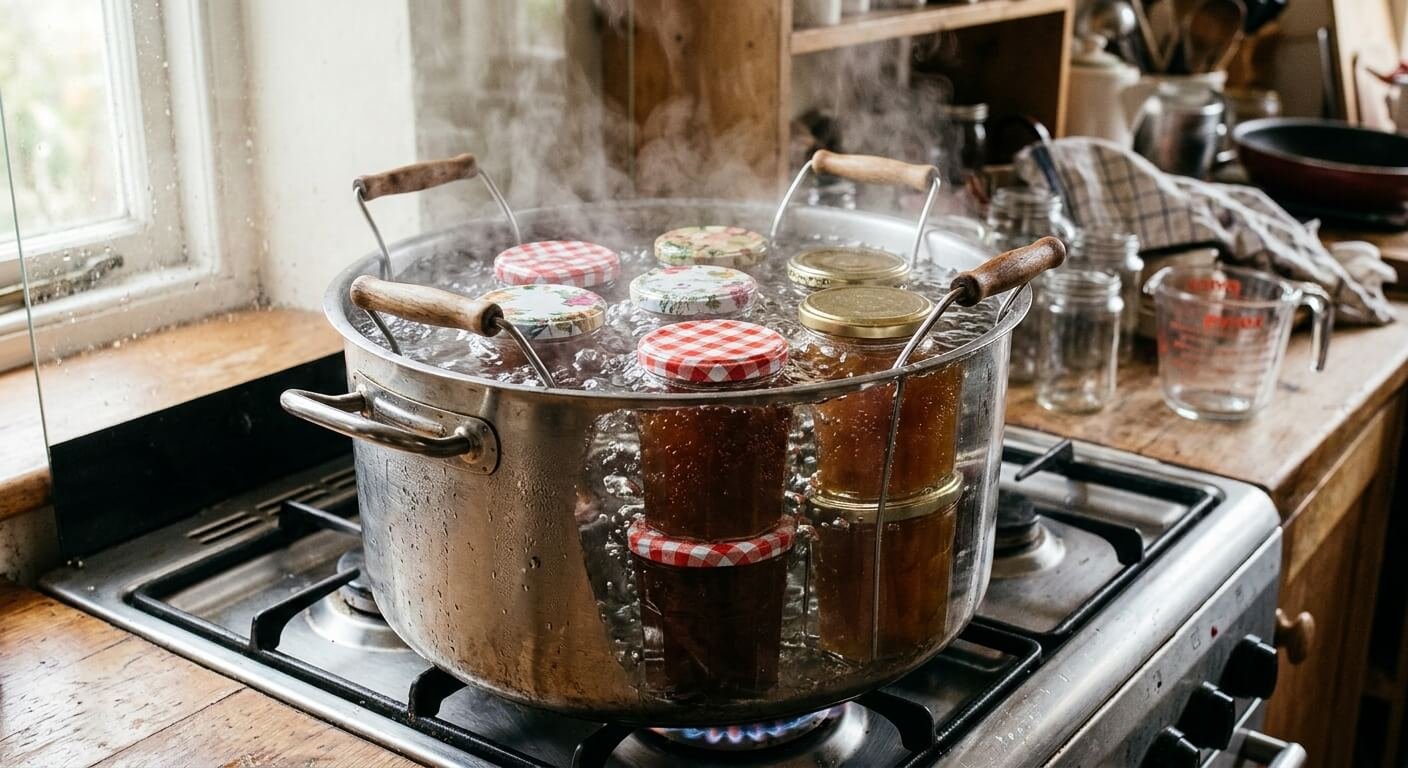 Des bocaux de confiture en verre plongés dans une grande marmite d'eau bouillante pour désinfection.