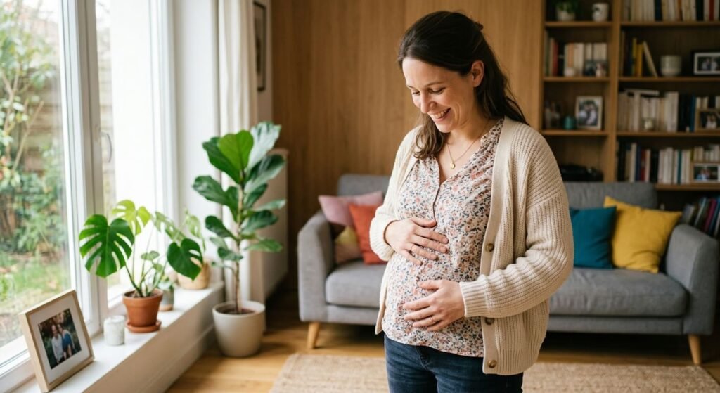 Une femme enceinte au début de son premier trimestre touchant son ventre naissant avec un sourire.