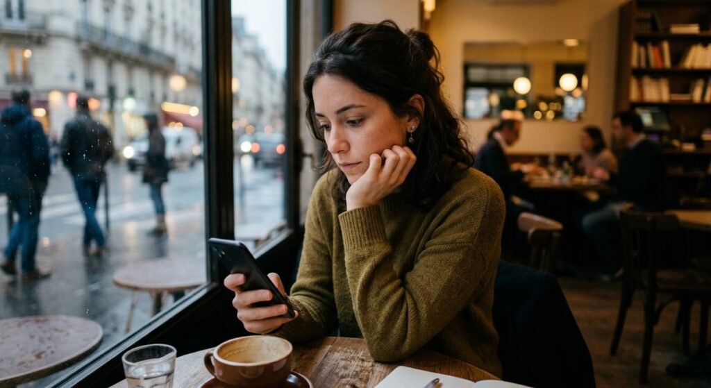 Une femme pensive regardant l'écran de son smartphone sans y répondre.