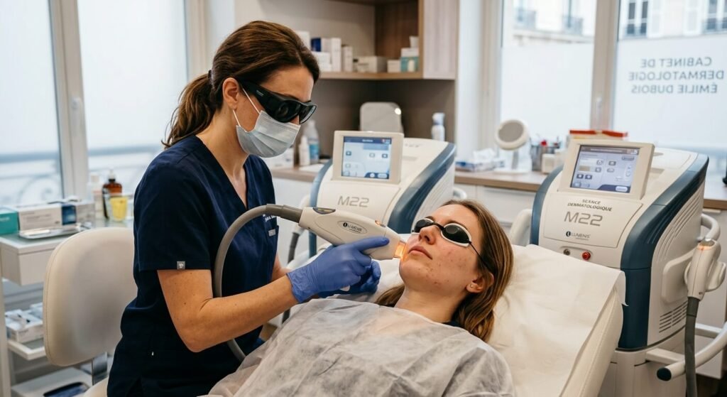 Une professionnelle de santé pratiquant une séance de laser dermatologique sur le visage d'une patiente.