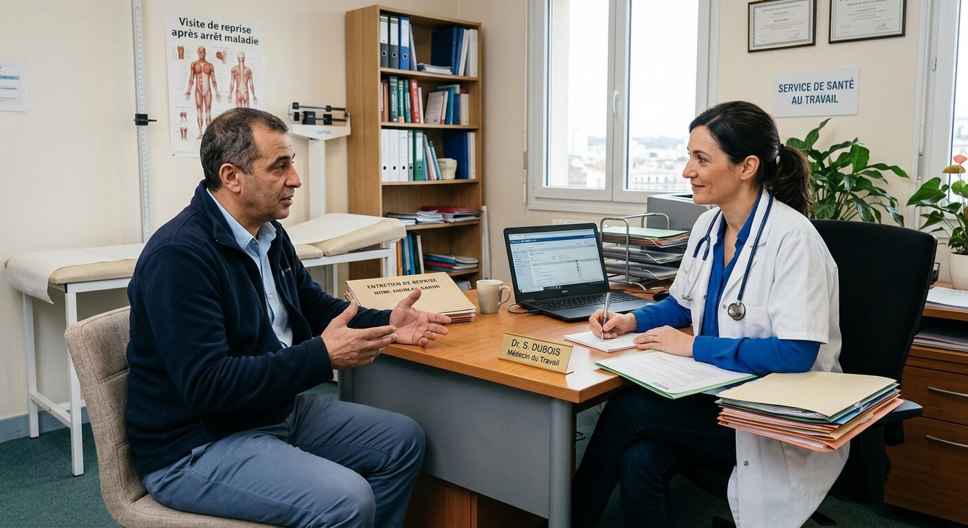 Un salarié en entretien de reprise avec le médecin du travail dans un bureau médical.