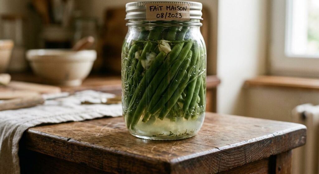 Gros plan sur un bocal en verre de haricots verts fait maison présentant un léger voile blanc au fond.