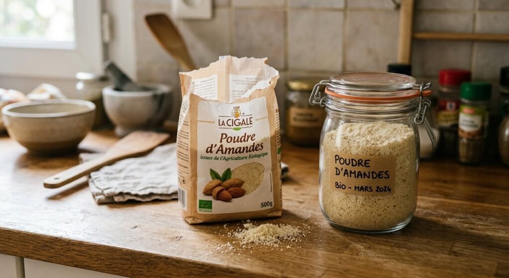 Un sachet de poudre d'amandes ouvert posé à côté d'un pot en verre hermétique sur un plan de travail.