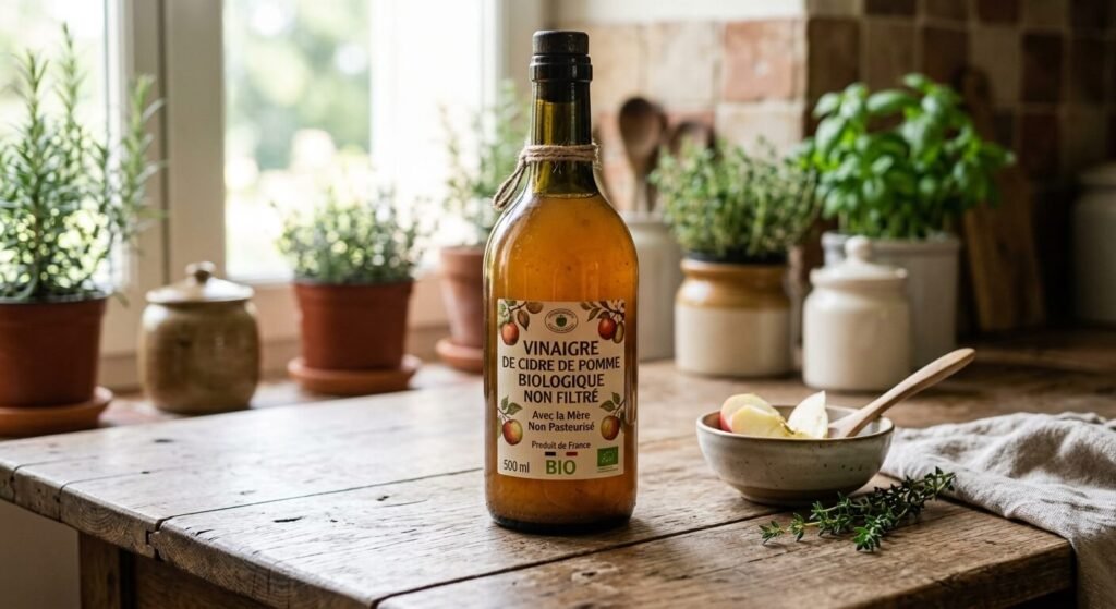 Une bouteille en verre de vinaigre de cidre de pomme biologique non filtré posée sur une table.