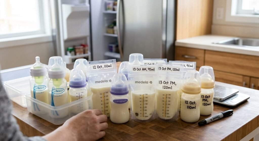 Peut-on mélanger du lait maternel tiré en plusieurs fois ? 2 Flacons de lait maternel de différentes traites réunis avant d'être mis au congélateur.