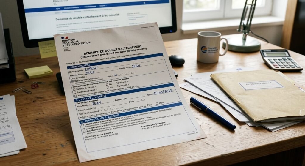 Le formulaire officiel de demande de double rattachement à la Sécurité sociale posé sur un bureau.
