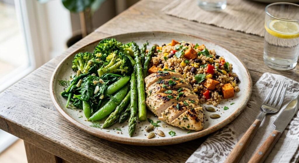 Pourquoi a-t-on une sensation de faim pendant la digestion ? 3 Une assiette colorée et équilibrée contenant des légumes verts, des protéines et des féculents complets.