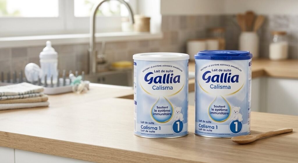 Peut-on mélanger Gallia Calisma et Galliagest dans le même biberon ? 3 Deux boîtes de lait pour bébé de la marque Gallia posées sur un plan de travail.