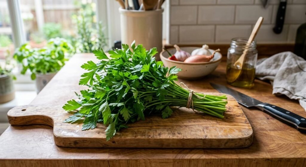 Une botte de persil plat bien vert posée sur une planche à couper dans la cuisine.